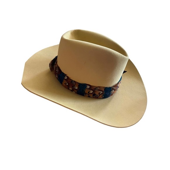 Bailey Other - Bailey Mens Cowboy Western Hat Pinched Front Felt Beige Feathered Band 6 3/4